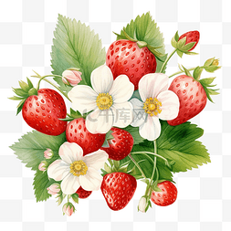 草莓手绘水果图片_草莓叶和花的美丽水彩插图