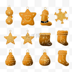 星星丝带橙色图片_金色圣诞饰品套装，球，雪花，帽