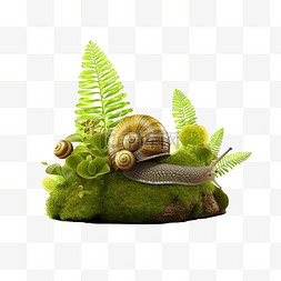 香蕉汁手绘图片_3d 插图蜗牛在自然中的集合