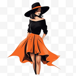 梦幻森林树图片_身穿橙色衬衫黑色裙子头戴女巫帽