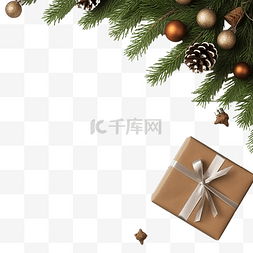 桌上的植物图片_木桌上的顶视图圣诞树枝和礼物