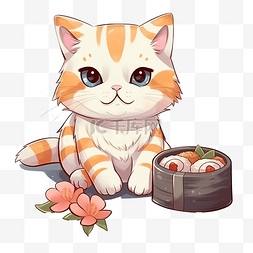 文化多元图片_可爱的老虎条纹猫吃寿司，水彩风