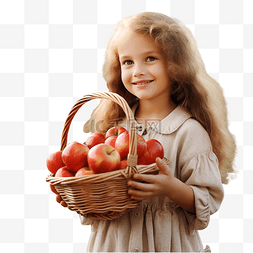 苹果的叶子图片_秋天户外拿着苹果篮子的孩子
