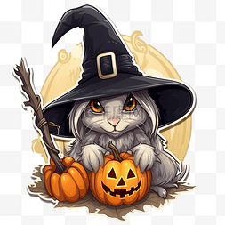可爱秋天贴纸图片_贴纸万圣节兔子戴着女巫帽子和扫