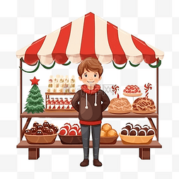 街邊小吃图片_圣诞市场食品市场上，男孩站在甜