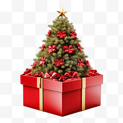 节日装饰金粉图片_红色开放礼品盒，配有圣诞树隔离