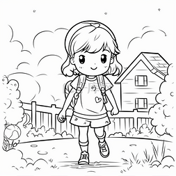 田野卡通背景图片_女孩背着背包走过田野着色页