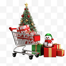 购物车透明背景图片_3d 圣诞树礼品盒购物车和雪人