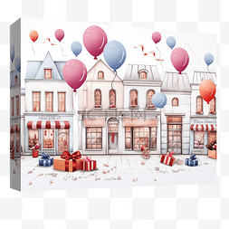 气球与礼盒图片_礼品店与礼品盒包装纸卷圣诞礼物