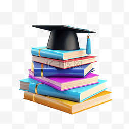 3D 渲染教育概念与毕业帽和彩色书