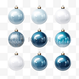 3d 逼真的圣诞饰品装饰白色和蓝色