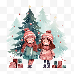 冬天的圣诞树图片_冬季森林里的两个女孩靠近一棵装