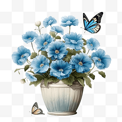 花盆在图片_花盆里有蓝色的花，还有蝴蝶在飞