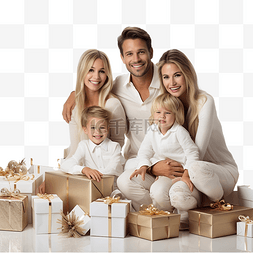 孩子们的拥抱图片_幸福的家庭，带着圣诞礼物坐在舒