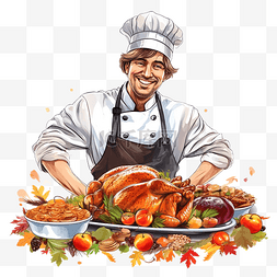 专业厨师图片_感恩节快乐厨师带来食物插画概念