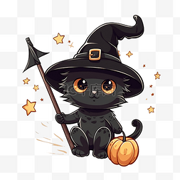 飞的动物卡通图片_可爱的黑女巫猫在万圣节飞扫帚与