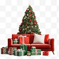 礼盒装饰丝带图片_装饰圣诞树下的礼盒和红色沙发上