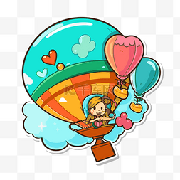 天空中热气球上的女孩卡通 向量