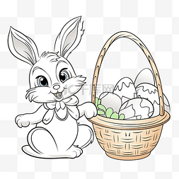 篮子的鸡蛋图片_着色书复活节兔子坐在篮子里，手
