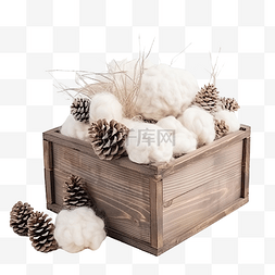 木盒图片_木盒中装有棉松果的圣诞组合物