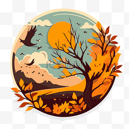 月亮和秋天的鸟类艺术插画 向量