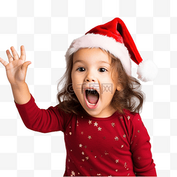 庆祝圣诞节的小女孩张开嘴指向上