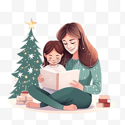 妈妈和孩子读书图片_妈妈在家里的圣诞树旁给她可爱的