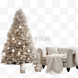 舒适柔软舒适图片_房间里装饰圣诞树旁有一张柔软舒