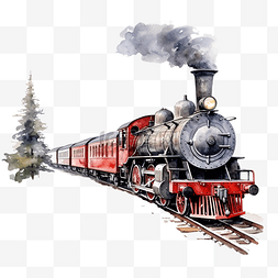 铁路上蒸汽机车冬季风景的水彩插