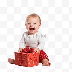 有趣的婴儿，表面有礼品盒圣诞树