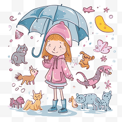 素描剪贴画可爱的卡通女孩打着伞