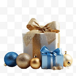 礼品金图片_有金弓的礼品盒和蓝色圣诞球的杉