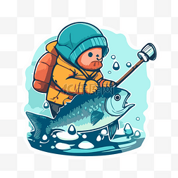 一个小男孩用棍子钓鱼的可爱贴纸