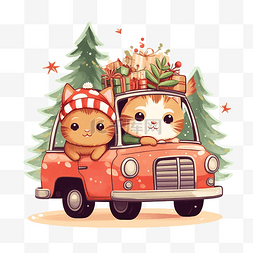 开着汽车图片_快乐的朋友猫开着红色汽车，上面