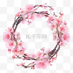 粉色樱桃背景图片_圆形花环框架与樱花樱花树枝与粉