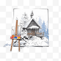 卡通房子黑白图片_圣诞老人的艺术工作室与画架陷入