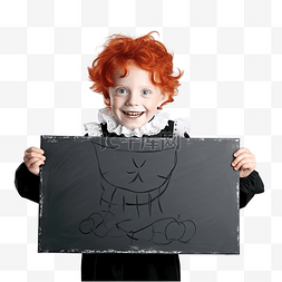 黑板童年图片_红头发的孩子打扮成蜘蛛，拿着黑