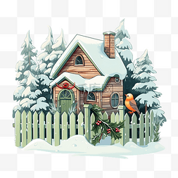 别墅雪插画图片_带木栅栏和红腹灰雀鸟情侣的绿色