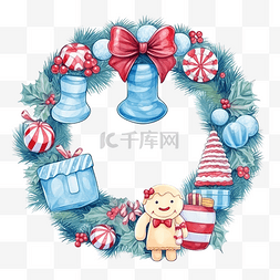 圣诞礼品袜图片_卡通蓝色花环云杉与圣诞属性