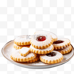 桌子上的糕点图片_自制传统圣诞林茨脆饼饼干，盘子