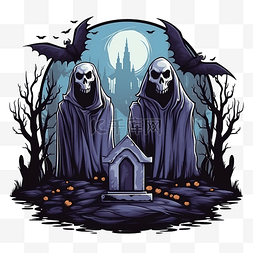 万圣节鬼魂卡通与蝙蝠在公墓设计