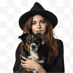 狗狗欢呼图片_年轻女性在万圣节把狗打扮成女巫