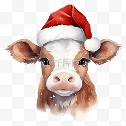 卡通牛形象图片_圣诞节可爱的牛，带有水彩插图