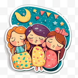 卡通3个女孩睡在月亮上贴纸剪贴