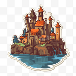 可爱的卡通城堡和岛屿贴纸插画 
