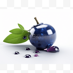 3d 苹果蓝色水果叶子水滴和水滴