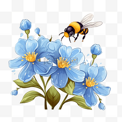美丽的插图图片_飞行的蜜蜂和蓝色的花卡通插图