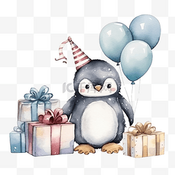 卡通可爱动物喜庆图片_可爱快乐的圣诞企鹅，带着气球和