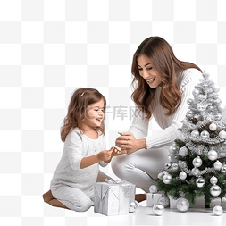 母亲带着她的小女儿在圣诞树附近