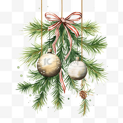 圣诞快乐卡，松枝上挂着球和丝带
